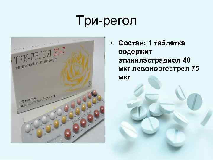 Три-регол • Состав: 1 таблетка содержит этинилэстрадиол 40 мкг левоноргестрел 75 мкг 