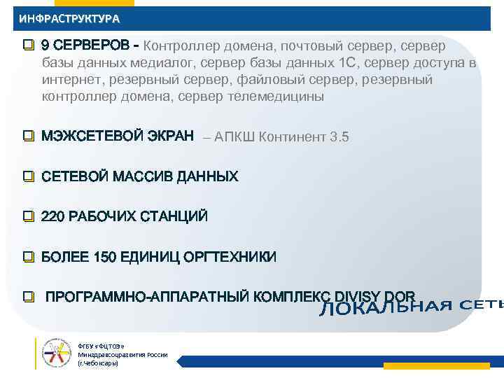 ИНФРАСТРУКТУРА q 9 СЕРВЕРОВ - Контроллер домена, почтовый сервер, сервер базы данных медиалог, сервер