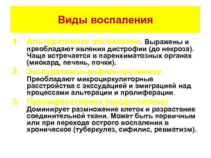 Виды воспаления 1. Альтеративное воспаление. Выражены и 2. 3. преобладают явления дистрофии (до некроза).