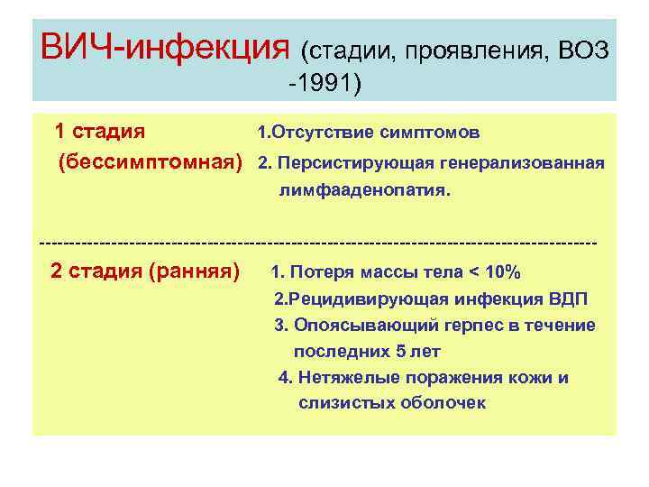 ВИЧ-инфекция (стадии, проявления, ВОЗ -1991) 1 стадия 1. Отсутствие симптомов (бессимптомная) 2. Персистирующая генерализованная