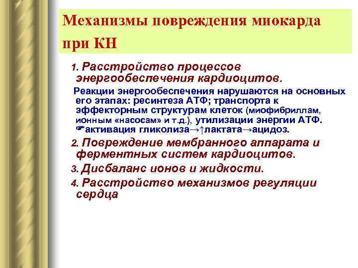 Механизмы повреждения миокарда при КН 1. Расстройство процессов энергообеспечения кардиоцитов. Реакции энергообеспечения нарушаются на