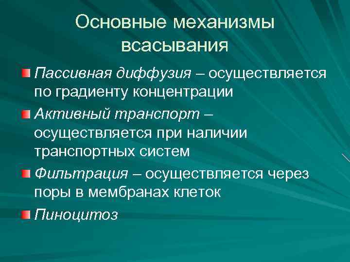 Основные механизмы всасывания Пассивная диффузия – осуществляется по градиенту концентрации Активный транспорт – осуществляется