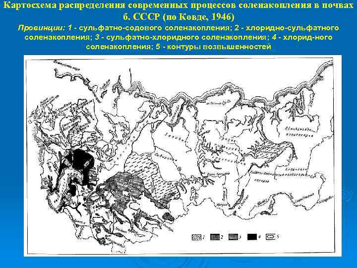 Картосхема распределения современных процессов соленакопления в почвах б. СССР (по Ковде, 1946) Провинции: 1