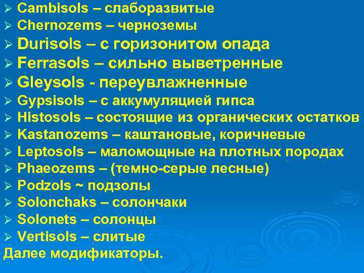 Ø Ø Cambisols – слаборазвитые Chernozems – черноземы Ø Durisols – с горизонитом опада