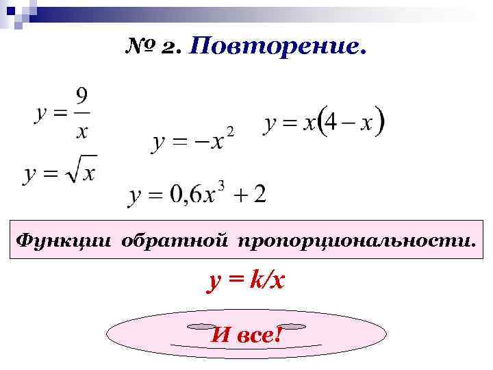 № 2. Повторение. Функции обратной пропорциональности. у = k/x И все! 