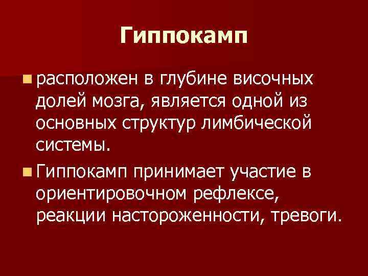 Гиппокамп n расположен в глубине височных долей мозга, является одной из основных структур лимбической