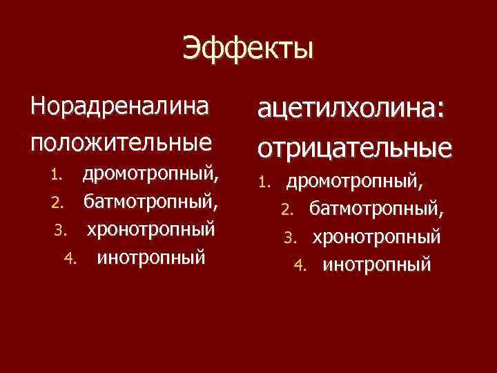 Эффекты Норадреналина положительные дромотропный, 2. батмотропный, 3. хронотропный 4. инотропный 1. ацетилхолина: отрицательные 1.