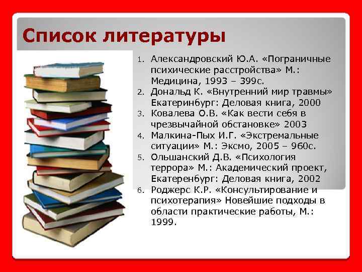 Список литературы 1. 2. 3. 4. 5. 6. Александровский Ю. А. «Пограничные психические расстройства»