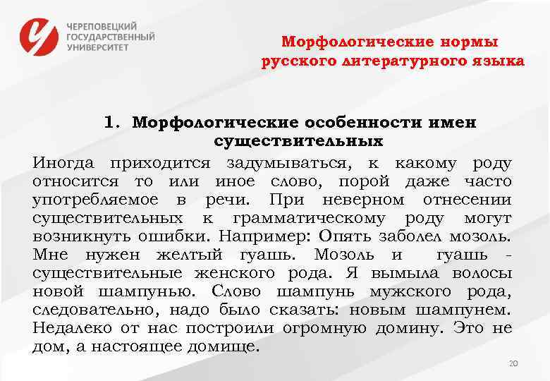Морфологические нормы русского литературного языка 1. Морфологические особенности имен существительных Иногда приходится задумываться, к