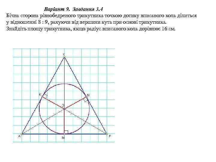 Варіант 9. Завдання 3. 4 Бічна сторона рівнобедреного трикутника точкою дотику вписаного кола ділиться