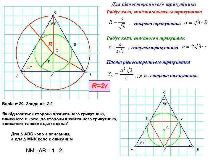 Для рівностороннього трикутника R a r R=2 r Варіант 29. Завдання 2. 6 Як