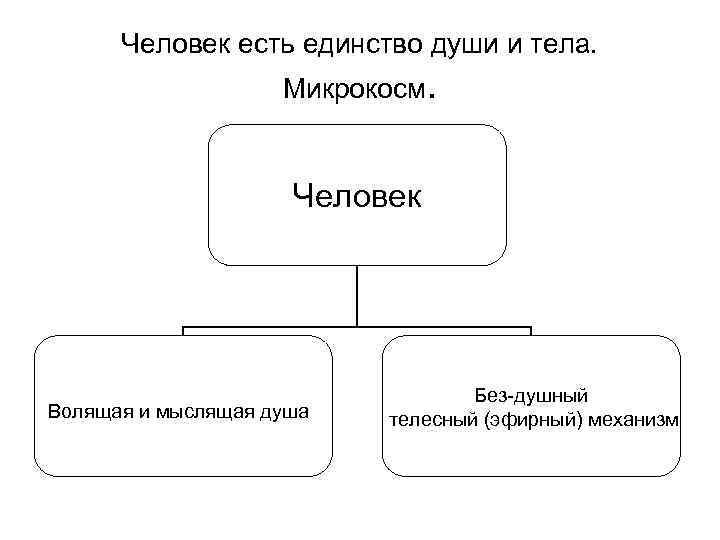 Человек есть единство души и тела. Микрокосм. Человек Волящая и мыслящая душа Без-душный телесный