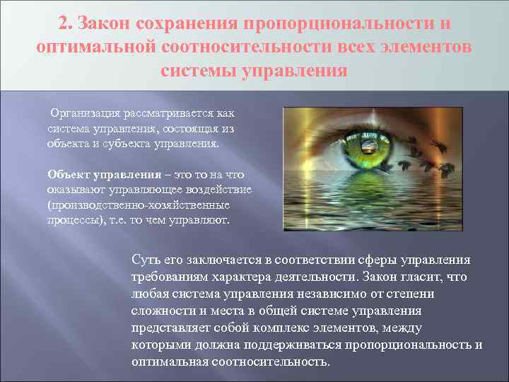 2. Закон сохранения пропорциональности и оптимальной соотносительности всех элементов системы управления Организация рассматривается как
