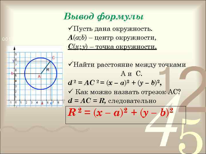 Вывод формулы üПусть дана окружность. А(а; b) – центр окружности, С(х ; у) –