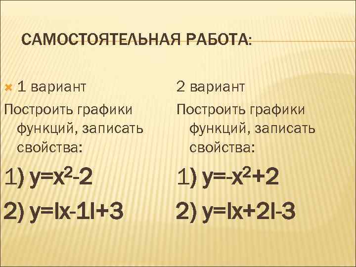 САМОСТОЯТЕЛЬНАЯ РАБОТА: 1 вариант Построить графики функций, записать свойства: 2 -2 у=х 1) 2)