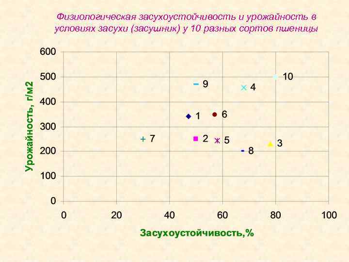 Физиологическая засухоустойчивость и урожайность в условиях засухи (засушник) у 10 разных сортов пшеницы 