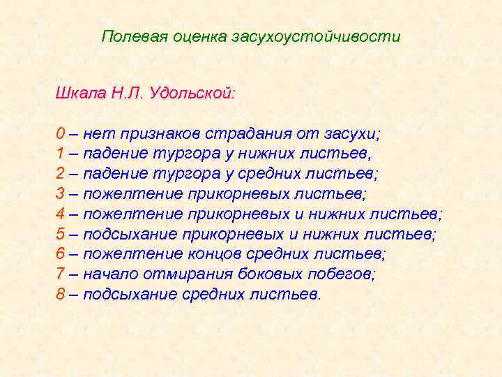 Полевая оценка засухоустойчивости Шкала Н. Л. Удольской: 0 – нет признаков страдания от засухи;