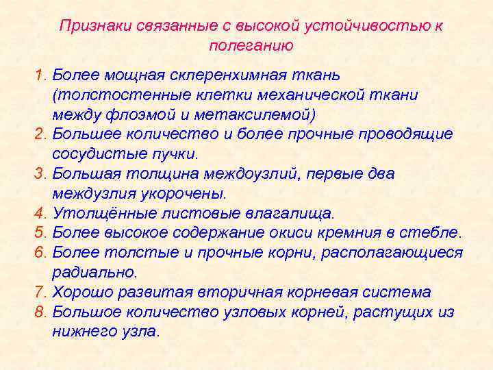 Признаки связанные с высокой устойчивостью к полеганию 1. Более мощная склеренхимная ткань (толстостенные клетки