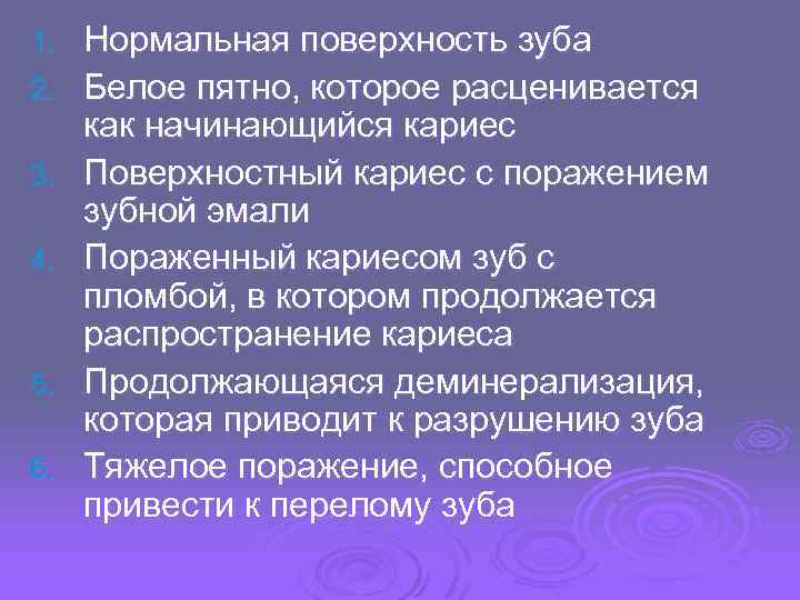 1. 2. 3. 4. 5. 6. Нормальная поверхность зуба Белое пятно, которое расценивается как