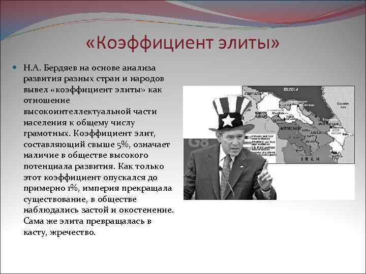  «Коэффициент элиты» Н. А. Бердяев на основе анализа развития разных стран и народов