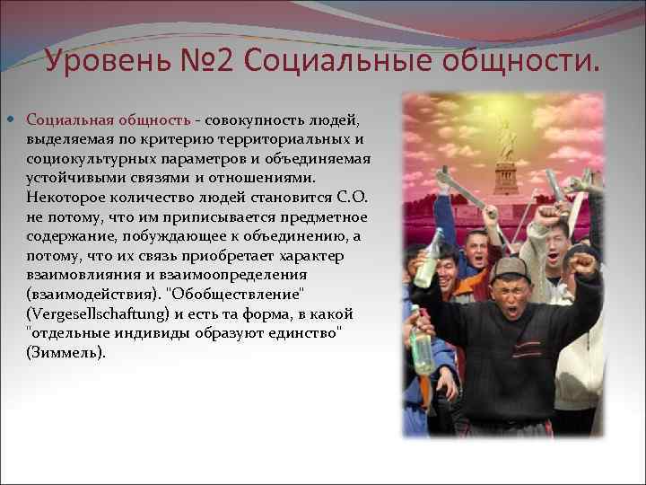 Уровень № 2 Социальные общности. Социальная общность совокупность людей, выделяемая по критерию территориальных и