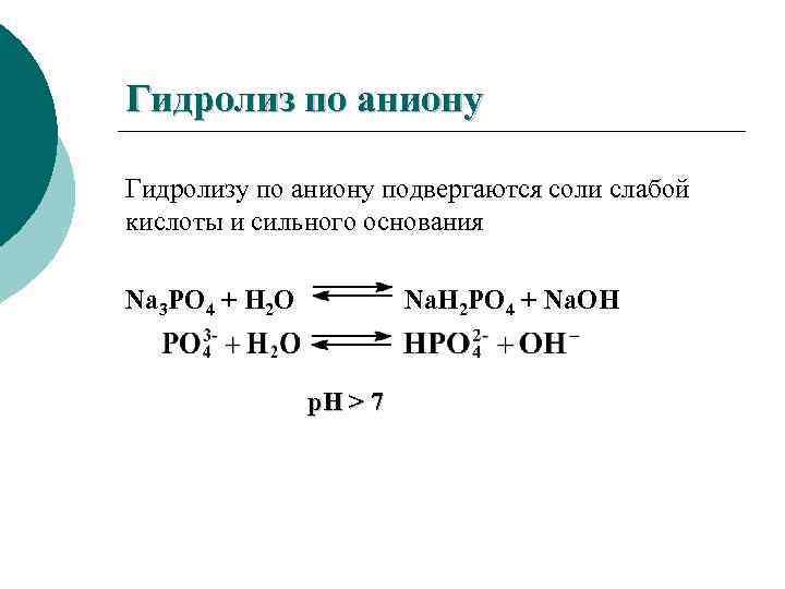 Гидролиз по аниону Гидролизу по аниону подвергаются соли слабой кислоты и сильного основания Na
