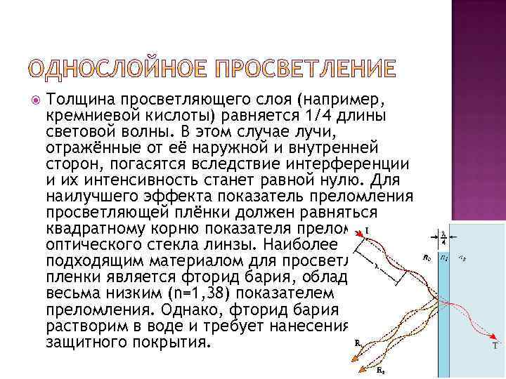  Толщина просветляющего слоя (например, кремниевой кислоты) равняется 1/4 длины световой волны. В этом