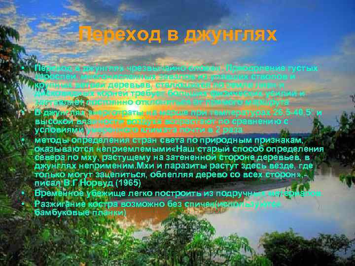 Переход в джунглях • • • Переход в джунглях чрезвычайно сложен. Преодоление густых зарослей,
