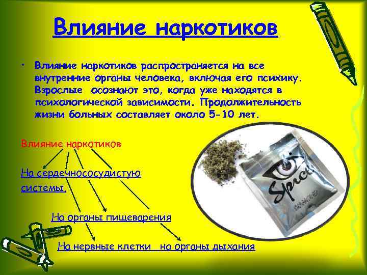 Влияние наркотиков • Влияние наркотиков распространяется на все внутренние органы человека, включая его психику.