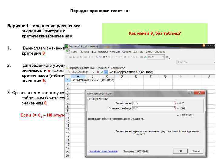 Порядок проверки гипотезы Вариант 1 – сравнение расчетного значения критерия с критическим значением 1.
