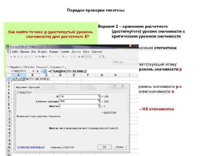 Порядок проверки гипотезы Вариант 1 – сравнение расчетного значения критерия с Как найти точное