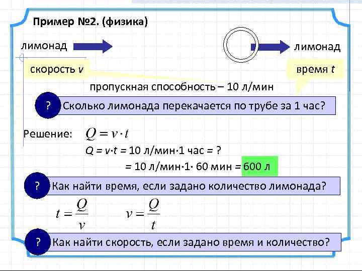 Пример № 2. (физика) лимонад скорость v время t пропускная способность – 10 л/мин