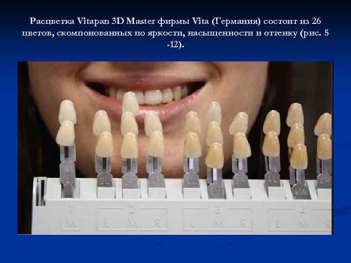 Расцветка Vitapan 3 D Master фирмы Vita (Германия) состоит из 26 цветов, скомпонованных по