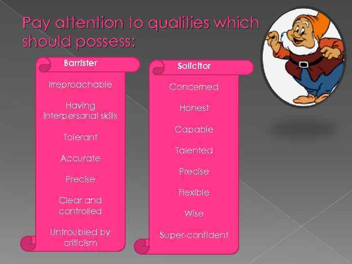 Pay attention to qualities which should possess: Barrister Solicitor Irreproachable Concerned Having interpersonal skills