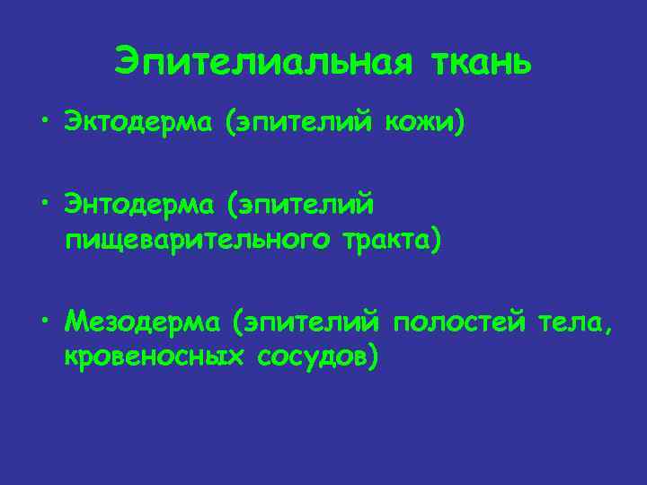 Эпителиальная ткань • Эктодерма (эпителий кожи) • Энтодерма (эпителий пищеварительного тракта) • Мезодерма (эпителий