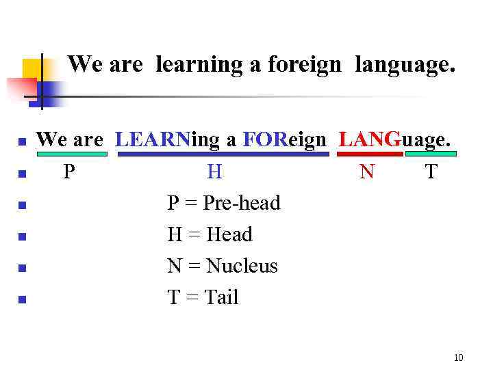 We are learning a foreign language. n n n We are LEARNing a FOReign