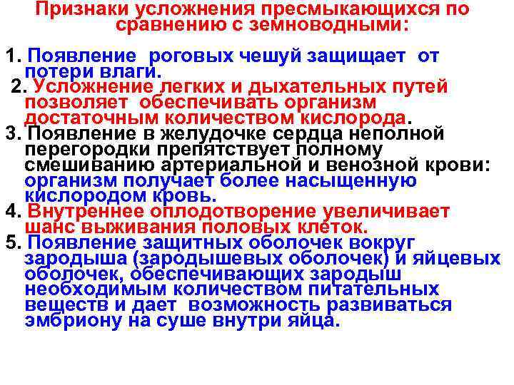 Признаки усложнения пресмыкающихся по сравнению с земноводными: 1. Появление роговых чешуй защищает от потери