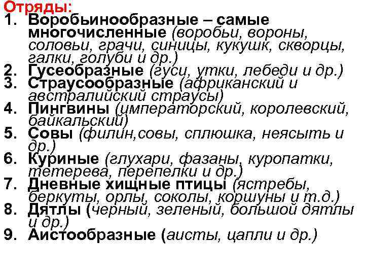 Отряды: 1. Воробьинообразные – самые многочисленные (воробьи, вороны, соловьи, грачи, синицы, кукушк, скворцы, галки,
