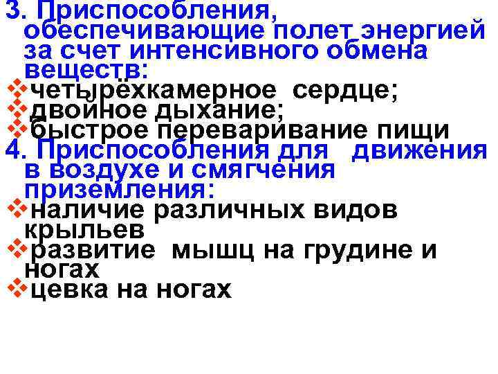 3. Приспособления, обеспечивающие полет энергией за счет интенсивного обмена веществ: vчетырёхкамерное сердце; vдвойное дыхание;