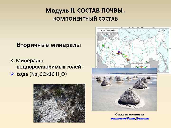 Модуль II. СОСТАВ ПОЧВЫ. КОМПОНЕНТНЫЙ СОСТАВ Вторичные минералы 3. Минералы воднорастворимых солей : Ø