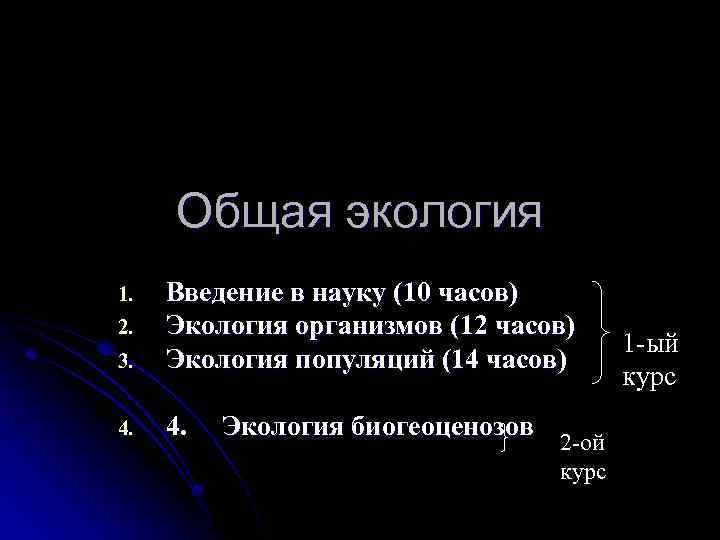 Общая экология 1. 2. 3. 4. Введение в науку (10 часов) Экология организмов (12