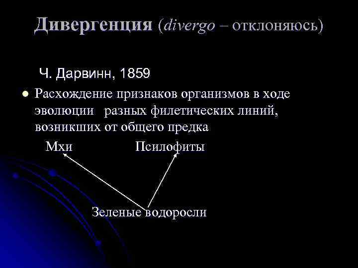 Дивергенция (divergo – отклоняюсь) l Ч. Дарвинн, 1859 Расхождение признаков организмов в ходе эволюции