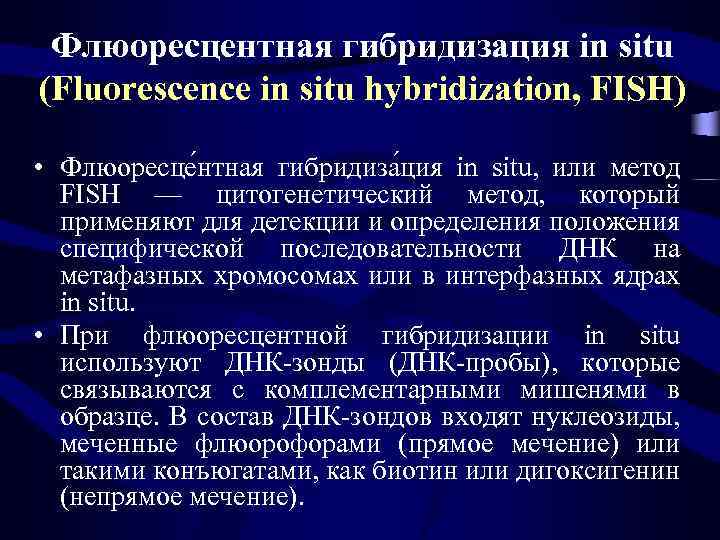 Флюоресцентная гибридизация in situ (Fluorescence in situ hybridization, FISH) • Флюоресце нтная гибридиза ция