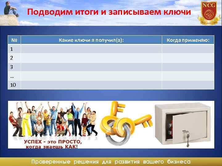 Подводим итоги и записываем ключи № Какие ключи я получил(а): Когда применяю: 1 2