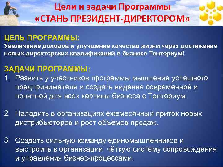 Цели и задачи Программы «СТАНЬ ПРЕЗИДЕНТ-ДИРЕКТОРОМ» ЦЕЛЬ ПРОГРАММЫ: Увеличение доходов и улучшение качества жизни