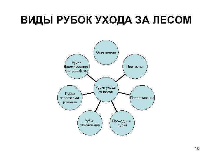 ВИДЫ РУБОК УХОДА ЗА ЛЕСОМ Осветления Рубки формирования ландшафтов Рубки переформирования Прочистки Рубки ухода