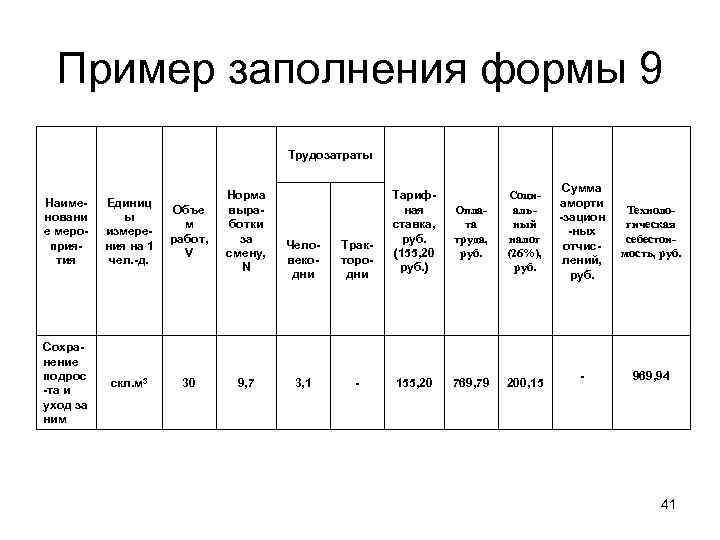 Пример заполнения формы 9 Трудозатраты Наименовани е мероприятия Единиц ы измерения на 1 чел.