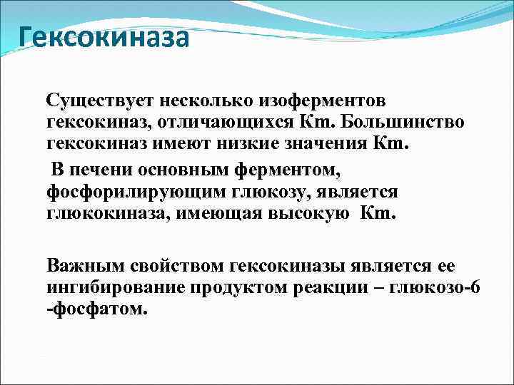 Гексокиназа Существует несколько изоферментов гексокиназ, отличающихся Кm. Большинство гексокиназ имеют низкие значения Кm. В