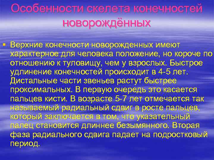 Особенности скелета конечностей новорождённых § Верхние конечности новорожденных имеют характерное для человека положение, но