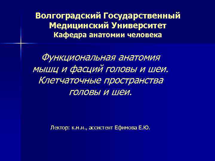 Волгоградский Государственный Медицинский Университет Кафедра анатомии человека Функциональная анатомия мышц и фасций головы и